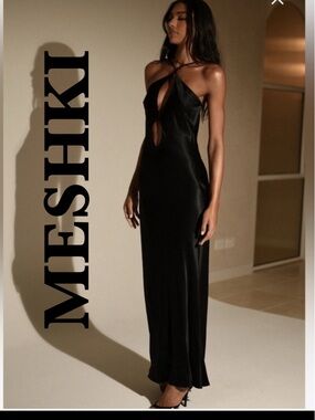 Meshki Black Satin Lucia Cut-Out Maxi Dress